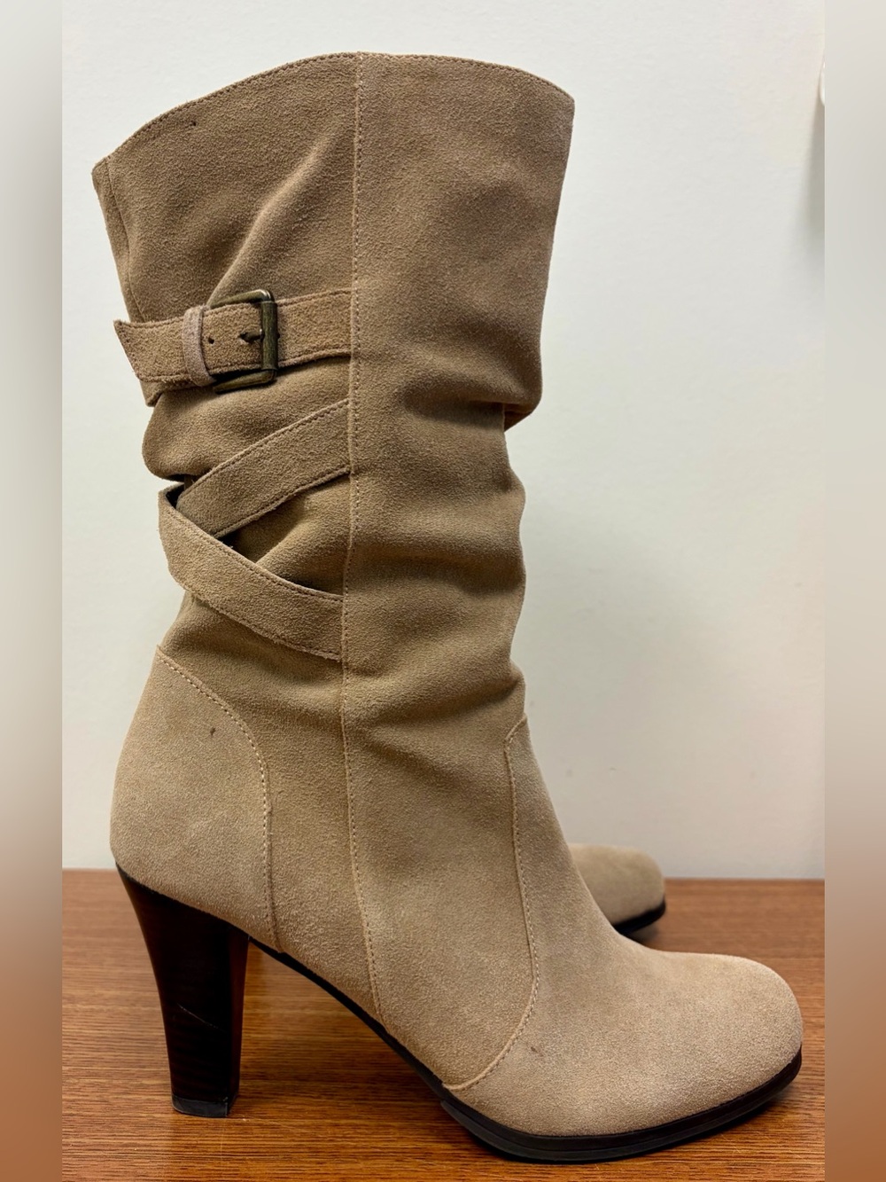 Kelly & Katie Vida Mid Calf Slouchy Leather Suede Heeled Boots Tan Round Toe 9 - Picture 11 of 16